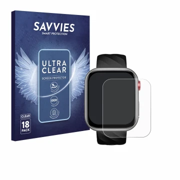Parte frontal de un envase de producto con el logotipo de la marca Savvies. Al lado se muestra el dispositivo Taopon Smartwatc