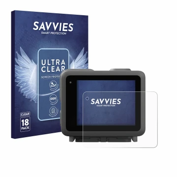 Parte frontal de un envase de producto con el logotipo de la marca Savvies. Al lado se muestra el dispositivo GoPro Lit Hero c
