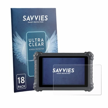 Parte frontal de un envase de producto con el logotipo de la marca Savvies. Al lado se muestra el dispositivo Autel MaxiSys MS