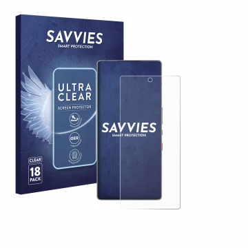 Parte frontal de un envase de producto con el logotipo de la marca Savvies. Al lado se muestra el dispositivo ZTE Nubia Red Ma