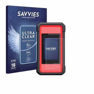 Parte frontal de un envase de producto con el logotipo de la marca Savvies. Al lado se muestra el dispositivo Launch X431 Smar