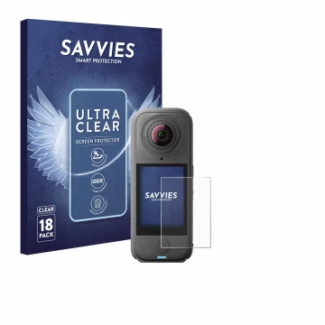 Parte frontal de un envase de producto con el logotipo de la marca Savvies. Al lado se muestra el dispositivo Insta360 X4 Air 