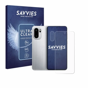 Parte frontal de un envase de producto con el logotipo de la marca Savvies. Al lado se muestra el dispositivo OnePlus 15R (Fro