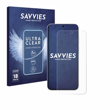 Parte frontal de un envase de producto con el logotipo de la marca Savvies. Al lado se muestra el dispositivo Vivo X300 con su
