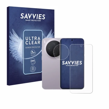 Parte frontal de un envase de producto con el logotipo de la marca Savvies. Al lado se muestra el dispositivo Vivo X300 (Front