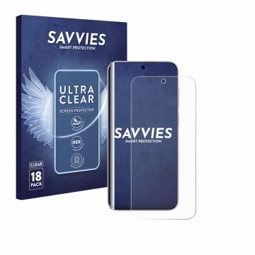 Parte frontal de un envase de producto con el logotipo de la marca Savvies. Al lado se muestra el dispositivo Vivo X300 Pro co