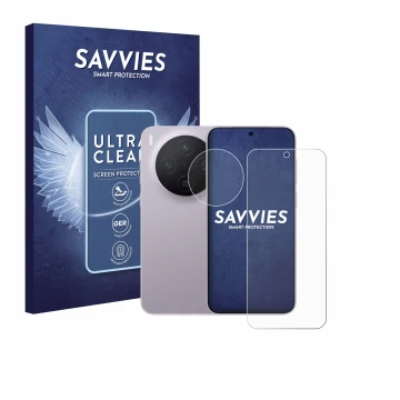 Parte frontal de un envase de producto con el logotipo de la marca Savvies. Al lado se muestra el dispositivo Vivo X300 Pro (F