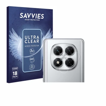 Parte frontal de un envase de producto con el logotipo de la marca Savvies. Al lado se muestra el dispositivo Xiaomi Poco X7 (