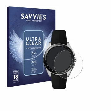 Parte frontal de un envase de producto con el logotipo de la marca Savvies. Al lado se muestra el dispositivo TAG Heuer Connec