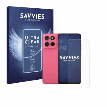 Parte frontal de un envase de producto con el logotipo de la marca Savvies. Al lado se muestra el dispositivo Motorola Moto G5