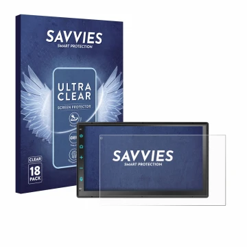 Parte frontal de un envase de producto con el logotipo de la marca Savvies. Al lado se muestra el dispositivo Atoto F7 WE F7G2