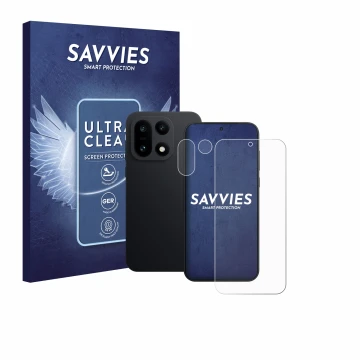 Parte frontal de un envase de producto con el logotipo de la marca Savvies. Al lado se muestra el dispositivo OnePlus 15 (Fron