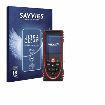 Parte frontal de un envase de producto con el logotipo de la marca Savvies. Al lado se muestra el dispositivo Leica DISTO X3 c