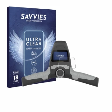 Parte frontal de un envase de producto con el logotipo de la marca Savvies. Al lado se muestra el dispositivo PowaKaddy FW5s c