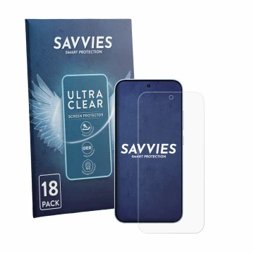 Parte frontal de un envase de producto con el logotipo de la marca Savvies. Al lado se muestra el dispositivo Oppo Reno 15 con