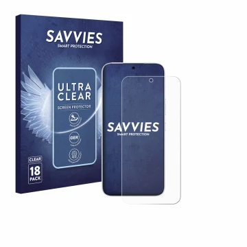 Parte frontal de un envase de producto con el logotipo de la marca Savvies. Al lado se muestra el dispositivo Honor 500 con su