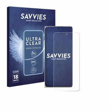 Parte frontal de un envase de producto con el logotipo de la marca Savvies. Al lado se muestra el dispositivo Huawei Mate X7 c