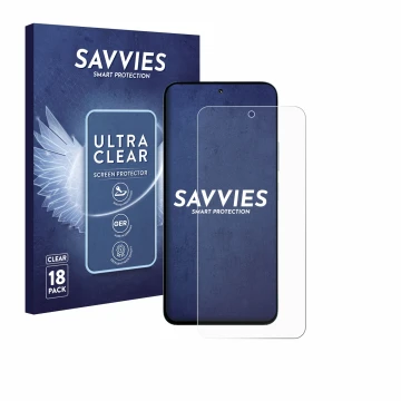 Parte frontal de un envase de producto con el logotipo de la marca Savvies. Al lado se muestra el dispositivo Xiaomi Poco M7 P