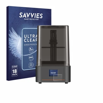Parte frontal de un envase de producto con el logotipo de la marca Savvies. Al lado se muestra el dispositivo Anycubic Photon 