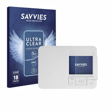 Parte frontal de un envase de producto con el logotipo de la marca Savvies. Al lado se muestra el dispositivo Canon Selphy CP1