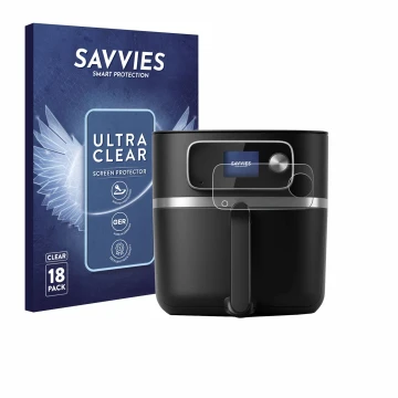 Parte frontal de un envase de producto con el logotipo de la marca Savvies. Al lado se muestra el dispositivo Philips Airfryer