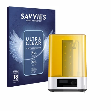 Parte frontal de un envase de producto con el logotipo de la marca Savvies. Al lado se muestra el dispositivo Anycubic Wash & 