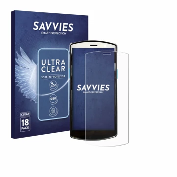 Parte frontal de un envase de producto con el logotipo de la marca Savvies. Al lado se muestra el dispositivo Unitech EA510 co