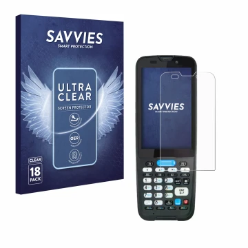 Parte frontal de un envase de producto con el logotipo de la marca Savvies. Al lado se muestra el dispositivo Unitech HT330 co