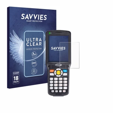 Parte frontal de un envase de producto con el logotipo de la marca Savvies. Al lado se muestra el dispositivo Unitech HT510 co