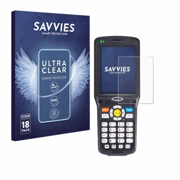 Parte frontal de un envase de producto con el logotipo de la marca Savvies. Al lado se muestra el dispositivo Unitech HT510A c