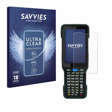 Parte frontal de un envase de producto con el logotipo de la marca Savvies. Al lado se muestra el dispositivo Unitech HT730 co