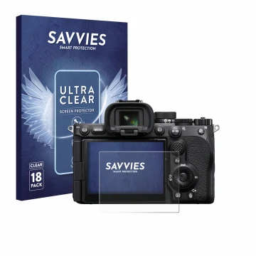 Parte frontal de un envase de producto con el logotipo de la marca Savvies. Al lado se muestra el dispositivo Sony Alpha 7 V (