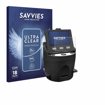 Parte frontal de un envase de producto con el logotipo de la marca Savvies. Al lado se muestra el dispositivo Kodak SCANZA con