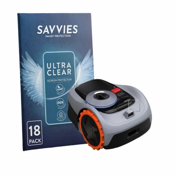Parte frontal de un envase de producto con el logotipo de la marca Savvies. Al lado se muestra el dispositivo Navimow i105E+ c
