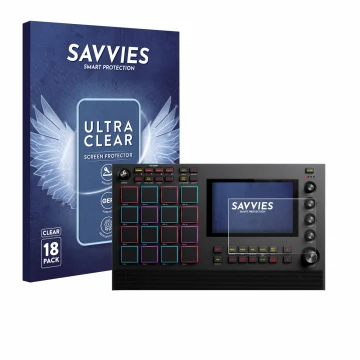 Parte frontal de un envase de producto con el logotipo de la marca Savvies. Al lado se muestra el dispositivo Akai MPC Live II