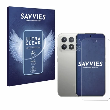 Parte frontal de un envase de producto con el logotipo de la marca Savvies. Al lado se muestra el dispositivo Xiaomi Poco F8 P