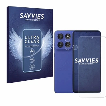 Parte frontal de un envase de producto con el logotipo de la marca Savvies. Al lado se muestra el dispositivo Motorola Edge 60