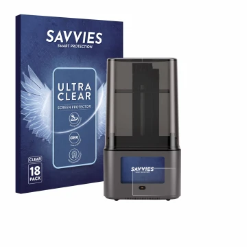 Parte frontal de un envase de producto con el logotipo de la marca Savvies. Al lado se muestra el dispositivo Anycubic Photon 