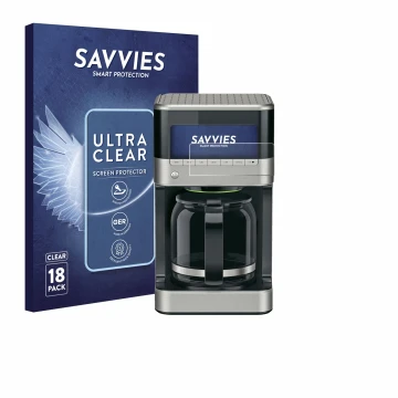 Parte frontal de un envase de producto con el logotipo de la marca Savvies. Al lado se muestra el dispositivo Braun PurAroma 7