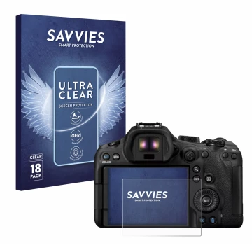Parte frontal de un envase de producto con el logotipo de la marca Savvies. Al lado se muestra el dispositivo Canon EOS R6 Mar