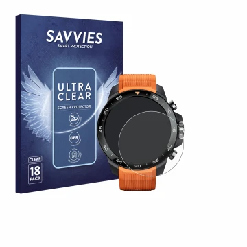 Parte frontal de un envase de producto con el logotipo de la marca Savvies. Al lado se muestra el dispositivo Xiaomi Mibro GS 