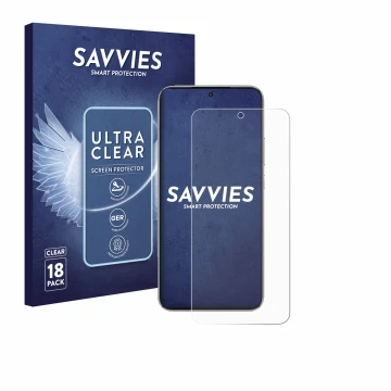 Parte frontal de un envase de producto con el logotipo de la marca Savvies. Al lado se muestra el dispositivo Honor X70 con su