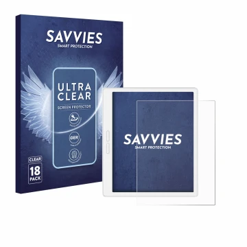 Parte frontal de un envase de producto con el logotipo de la marca Savvies. Al lado se muestra el dispositivo Bigme B751C-S co