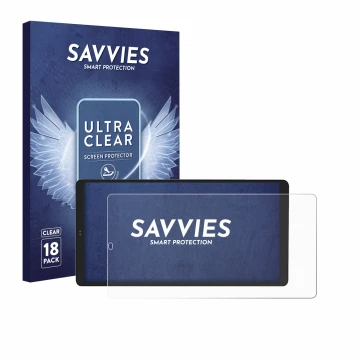 Parte frontal de un envase de producto con el logotipo de la marca Savvies. Al lado se muestra el dispositivo Shelly Wall Disp