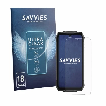 Parte frontal de un envase de producto con el logotipo de la marca Savvies. Al lado se muestra el dispositivo Ulefone RugKing 