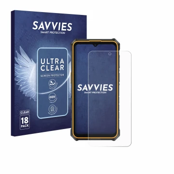 Parte frontal de un envase de producto con el logotipo de la marca Savvies. Al lado se muestra el dispositivo Ulefone RugKing 