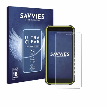 Parte frontal de un envase de producto con el logotipo de la marca Savvies. Al lado se muestra el dispositivo Ulefone RugKing 