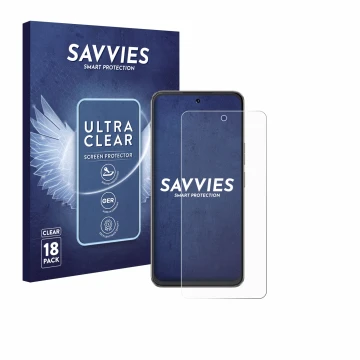 Parte frontal de un envase de producto con el logotipo de la marca Savvies. Al lado se muestra el dispositivo Cubot Note 60 co