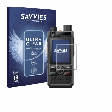 Parte frontal de un envase de producto con el logotipo de la marca Savvies. Al lado se muestra el dispositivo Hytera P50 Pro c