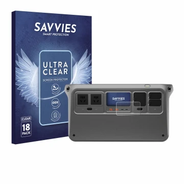 Parte frontal de un envase de producto con el logotipo de la marca Savvies. Al lado se muestra el dispositivo DJI Power 1000 c